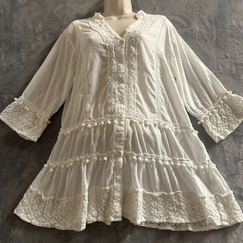 Anthropologie Me 2 Magic embroidered tiered Cotton Tunic XL 3/4 Sleeve Boho